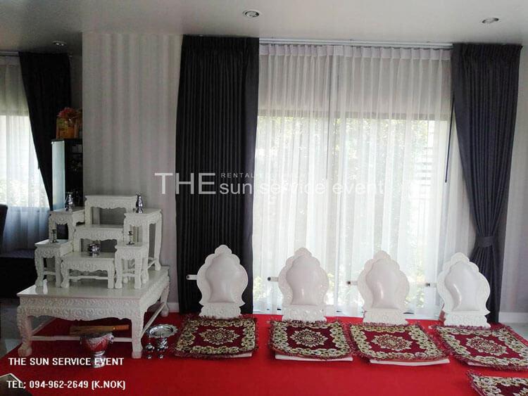 เช่าชุดโต๊ะหมู่อาสนะสีขาวล้วน สำหรับจัดงานทำบุญบ้าน