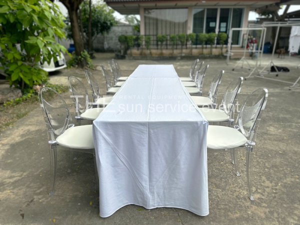 ชุดโต๊ะเก้าอี้จัดเลี้ยงจัดเรียงแบบ long table เก้าอี้ใส